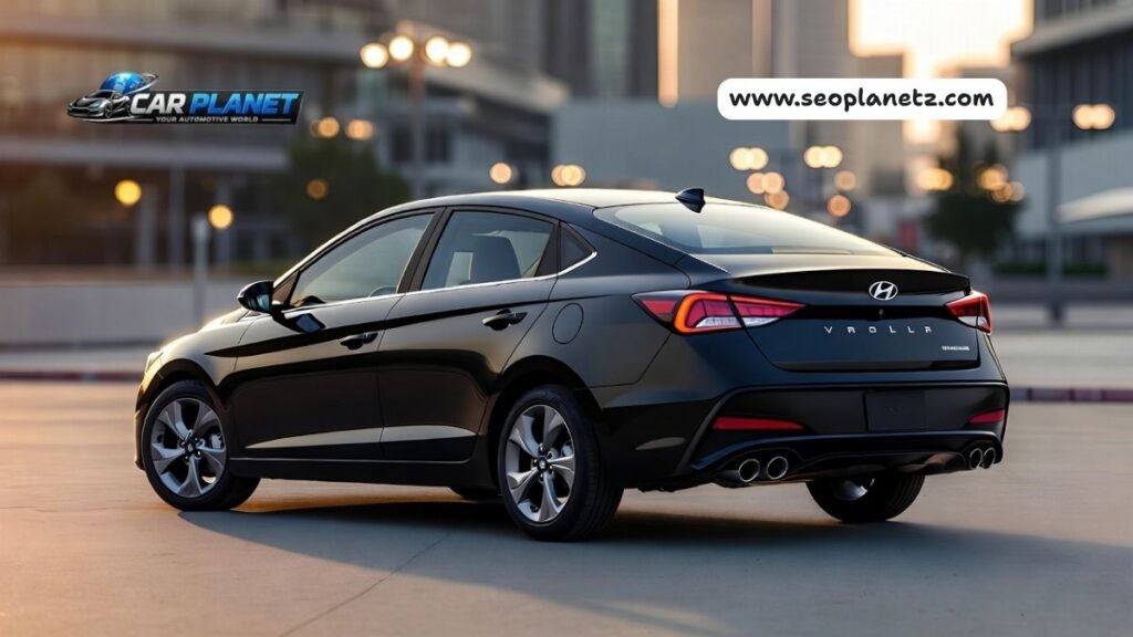 2020 Hyundai Elantra black sedan rear three-quarter view