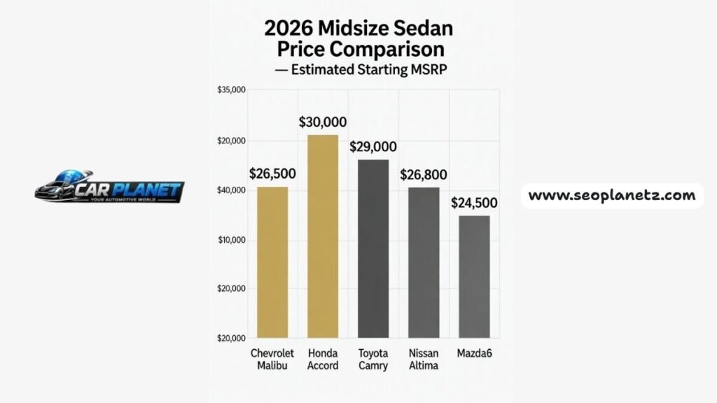 2026 Chevrolet Malibu estimated starting price compared to Honda Accord Toyota Camry Nissan Altima