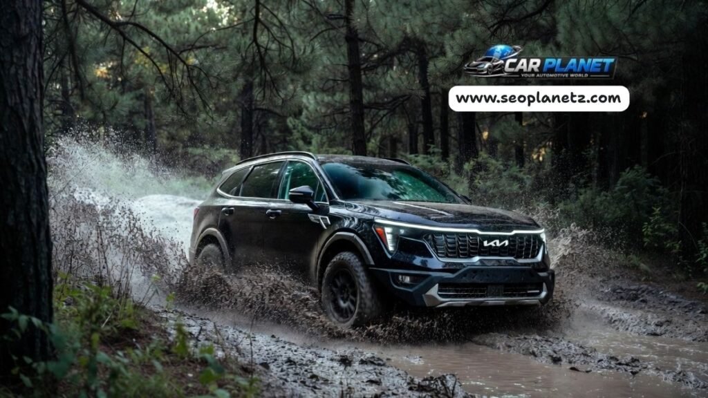 2026 Kia Sorento X-Pro AWD driving off-road through muddy forest