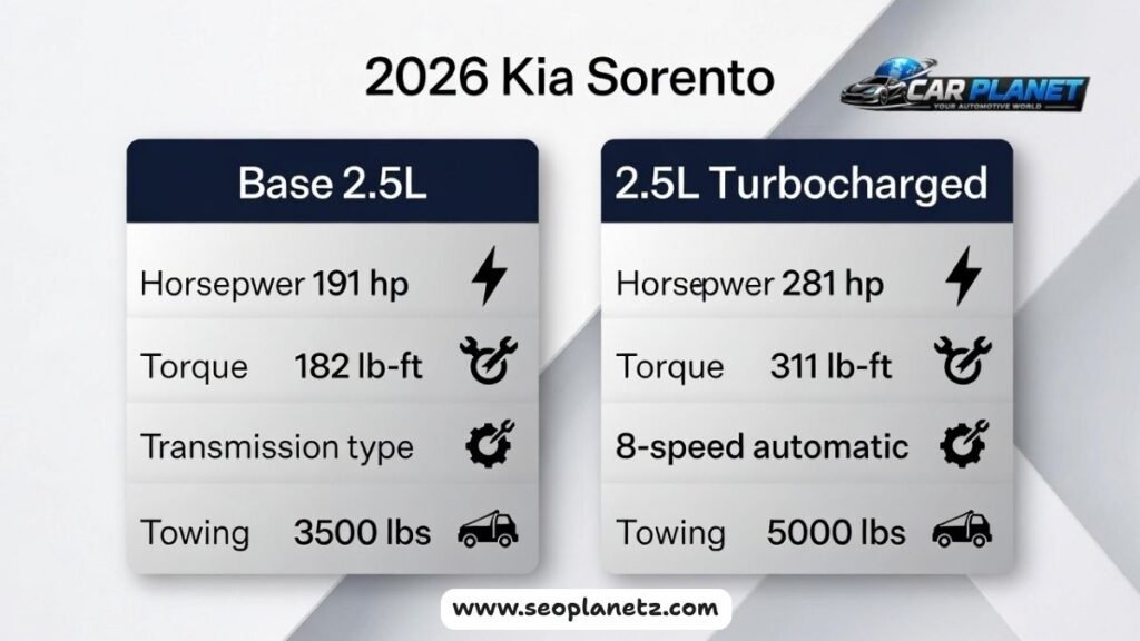 2026 Kia Sorento engine comparison infographic