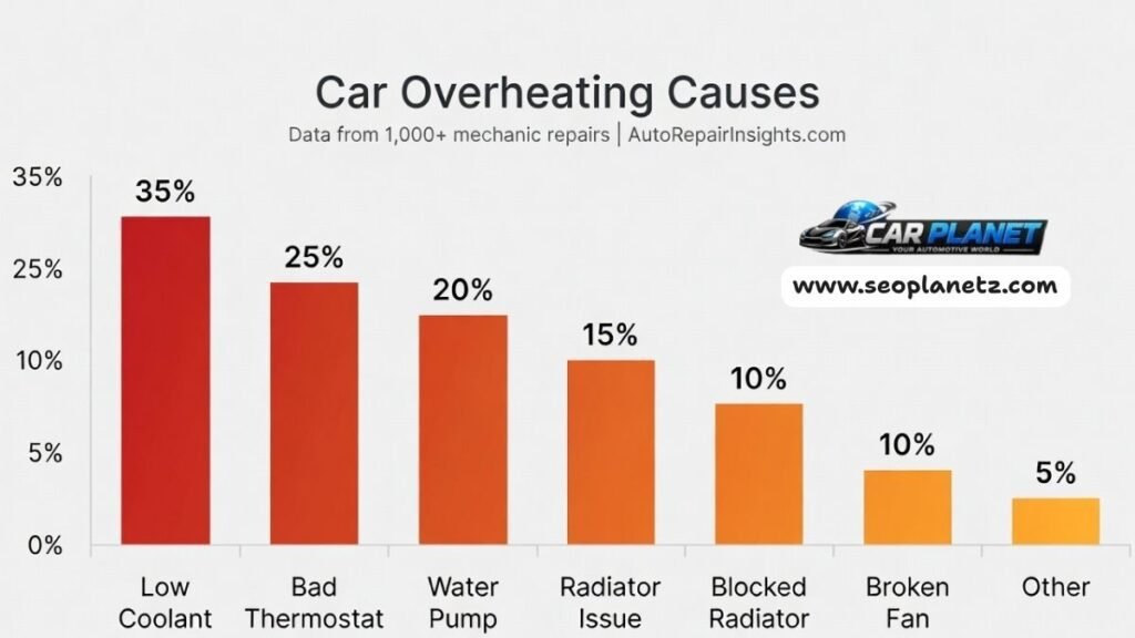Bar chart showing frequency percentages of car overheating