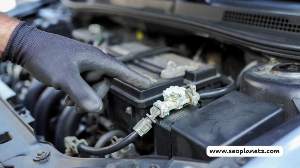 Close-up of a corroded car battery terminal with white acid buildup being inspected by a mechanic.