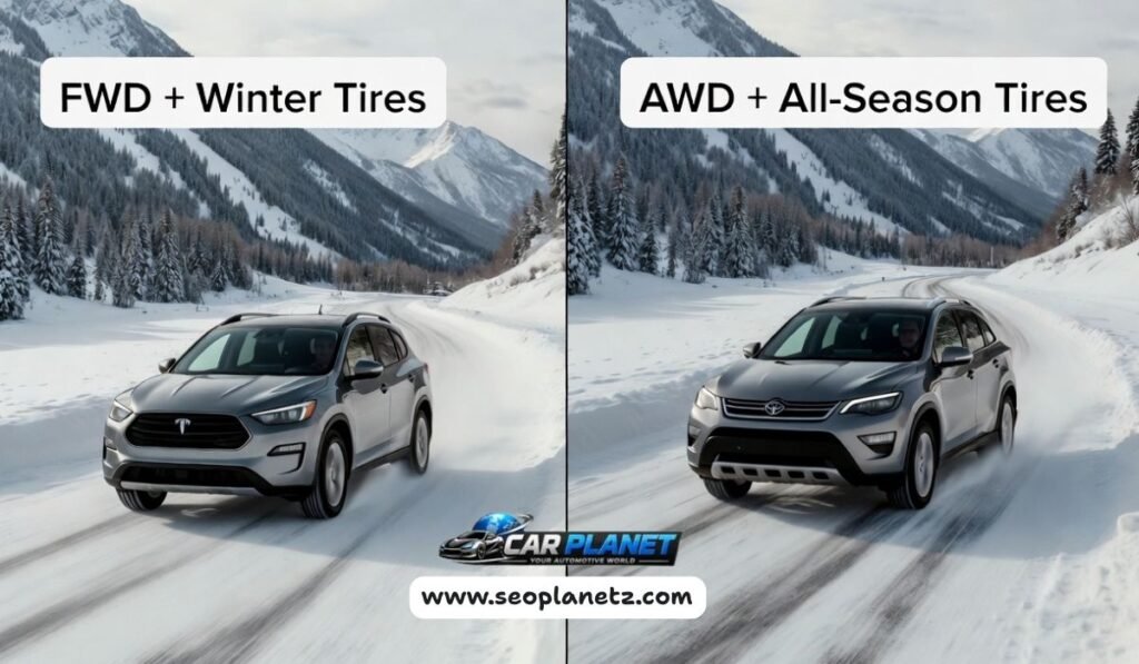 Comparison showing FWD with winter tires versus AWD