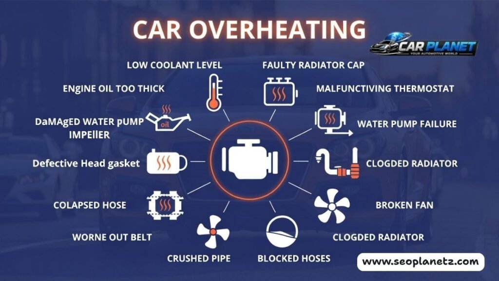 Infographic diagram showing 10 common car overheating