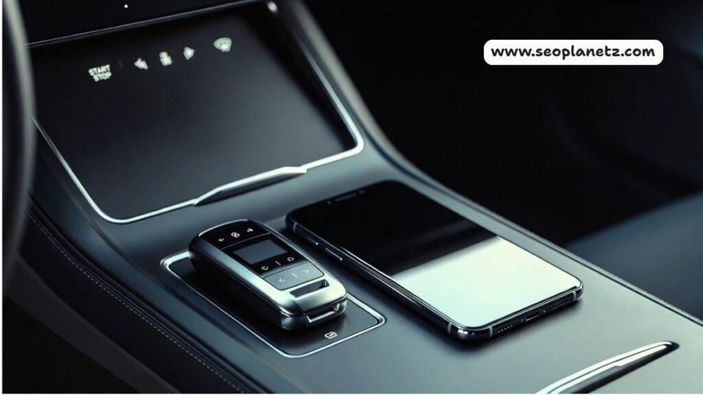 Smart car key fob placed next to a smartphone on a car console to show signal interference issues.