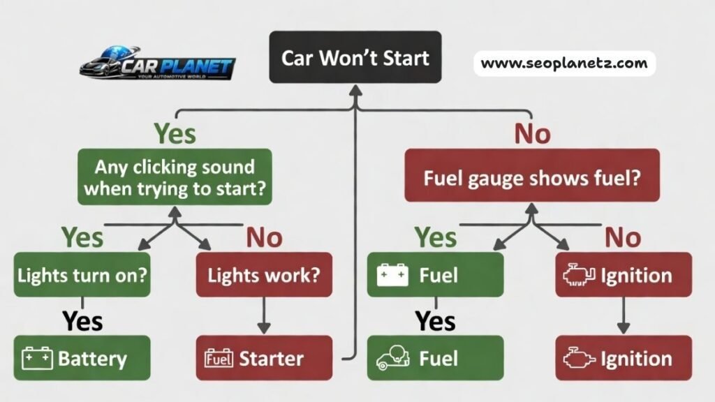 Step-by-step diagnostic flowchart for troubleshooting why won't my car start