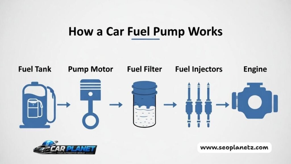 Step-by-step diagram showing how a car fuel pump works