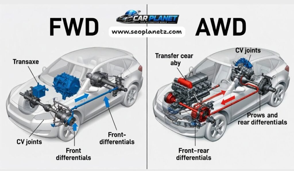 Technical comparison showing FWD and AWD drivetrain components