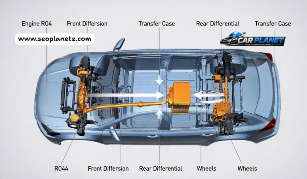 Technical diagram illustrating Toyota RAV4 all-wheel drive system and power distribution