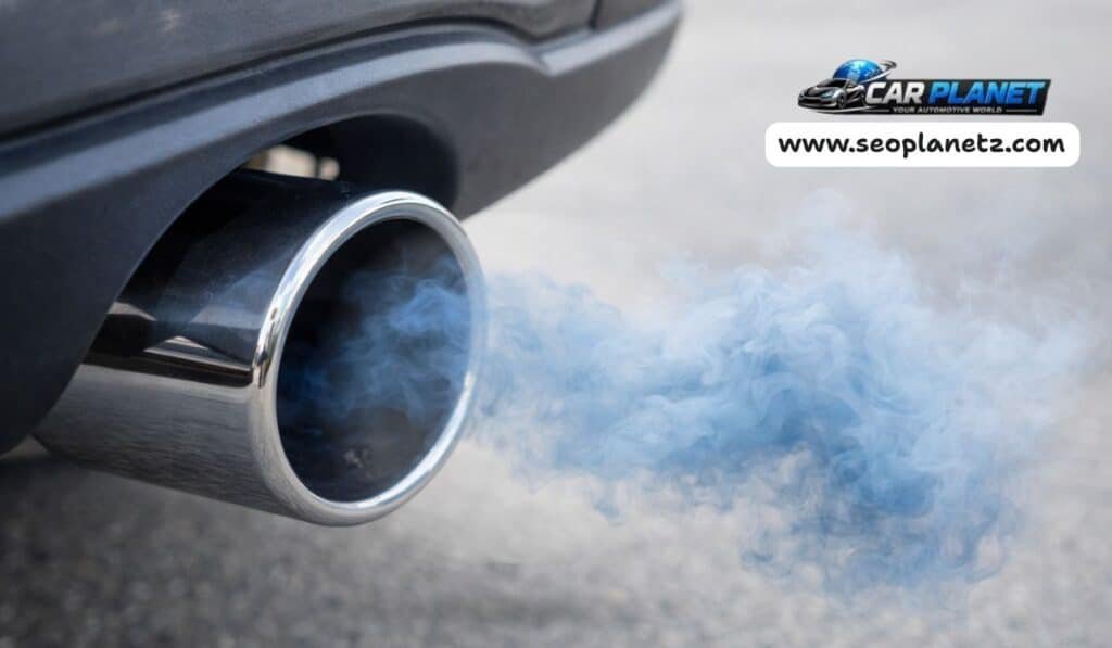 Blue smoke from car exhaust pipe indicating engine burning oil from worn piston rings or valve seals