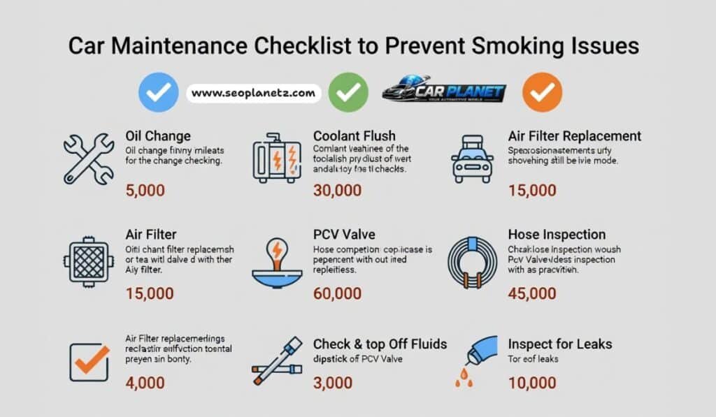 Car maintenance checklist infographic showing preventive steps to avoid car smoking problems