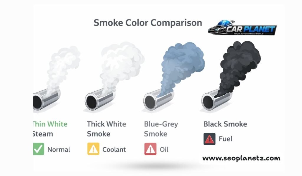 Car smoke color chart showing white, blue, and black exhaust smoke meanings and causes
