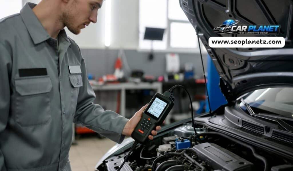 Professional mechanic using diagnostic scanner to check car smoking problems and error codes