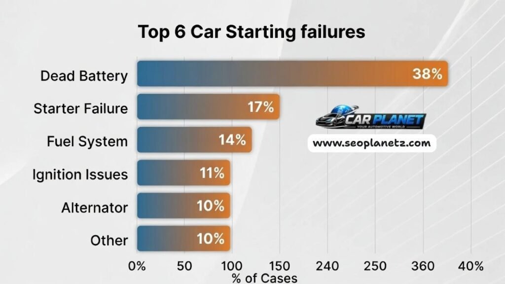 why cars won't start, with dead battery at 38% of cases