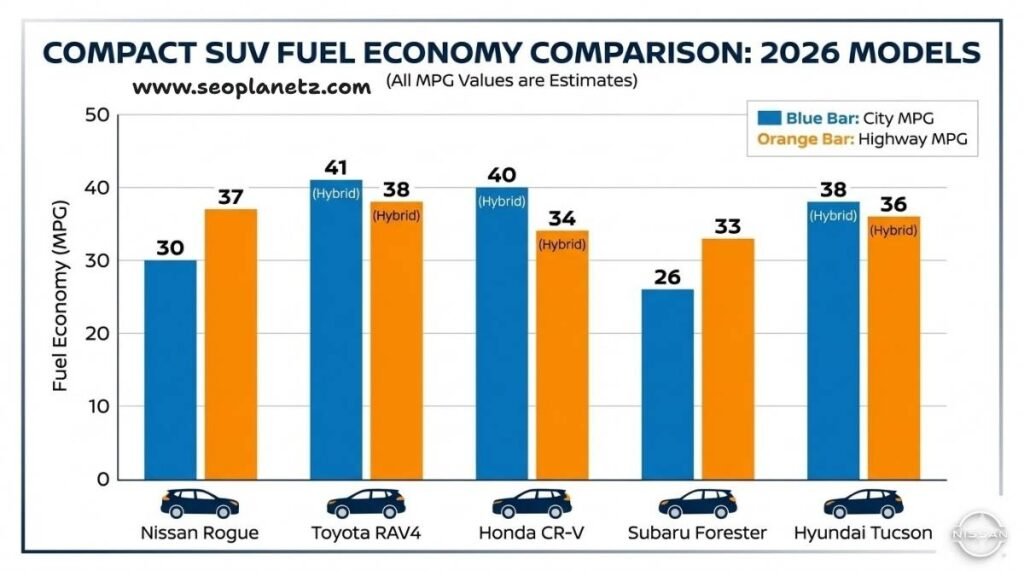 2026 Nissan Rogue MPG versus RAV4, CR-V, Tucson, and Forester fuel economy