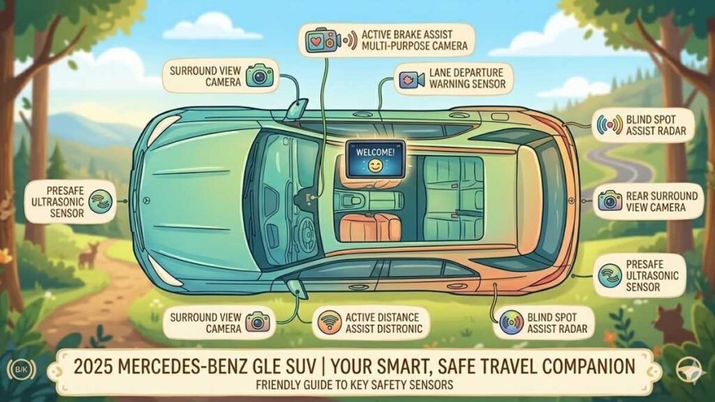 2025 Mercedes-Benz GLE-Class safety technology sensor placement infographic