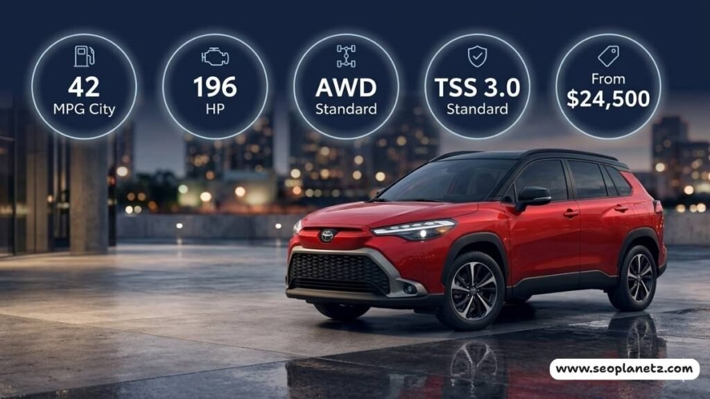 2026 Corolla Cross hybrid XSE in red with key specs