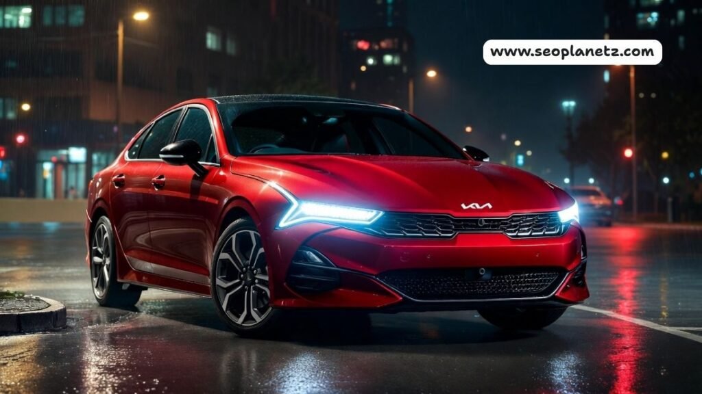 2026 Kia K5 GT Line in Runway Red on urban street at night