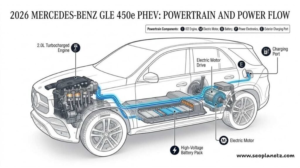2026 Mercedes-Benz GLE 450e PHEV powertrain cutaway showing hybrid battery and electric motor