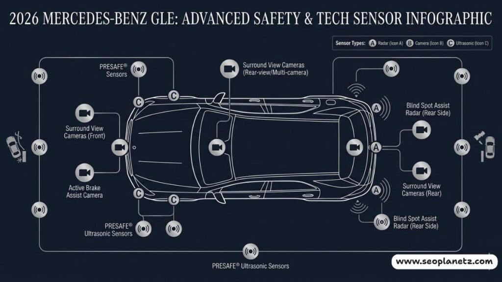 2026 Mercedes-Benz GLE safety sensor placement infographic PRESAFE and Active Brake Assist