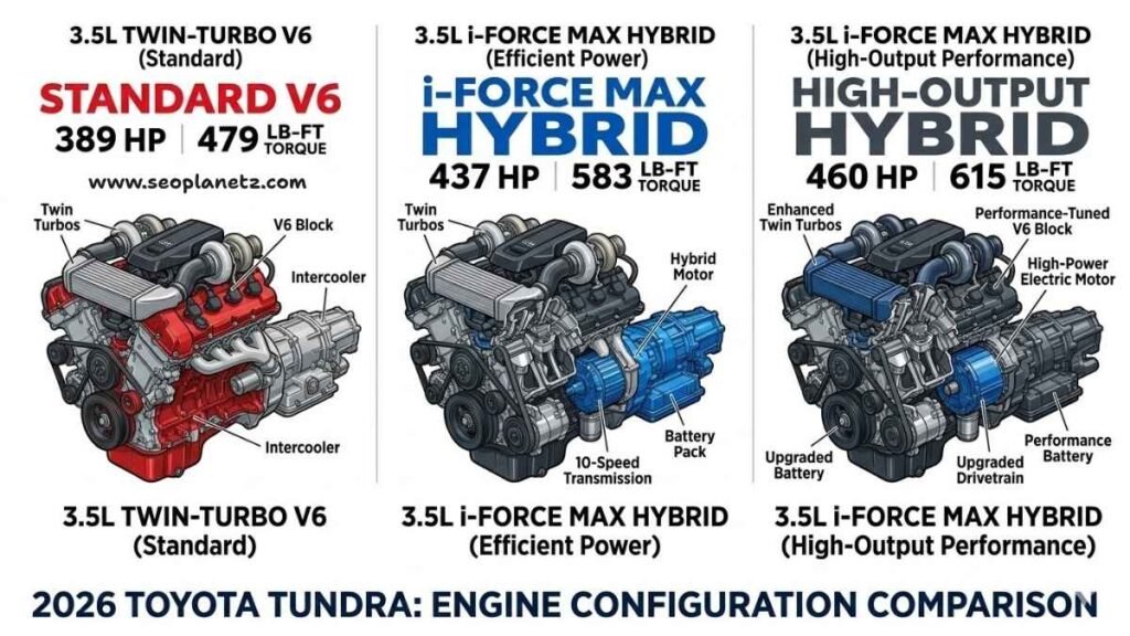 2026 Toyota Tundra engine options comparison i-FORCE V6 and i-FORCE MAX hybrid specs