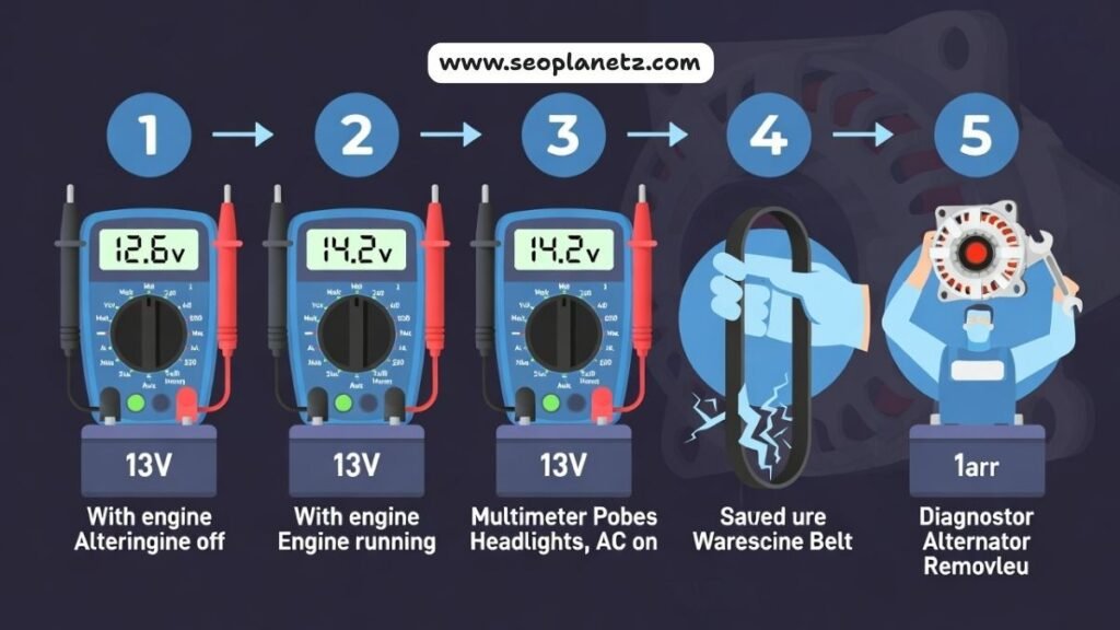 5-step process to diagnose alternator failure using multimeter and visual inspection