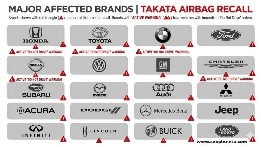 Takata airbag recall affected automaker brands Honda Toyota BMW Ford Nissan Volkswagen GM complete list