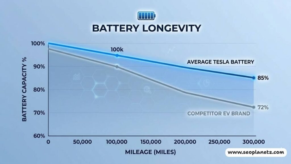 Tesla battery degradation chart showing capacity retention