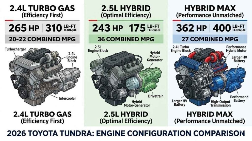 Toyota Grand Highlander 2026 engine options comparison gas hybrid and Hybrid MAX powertrain specs