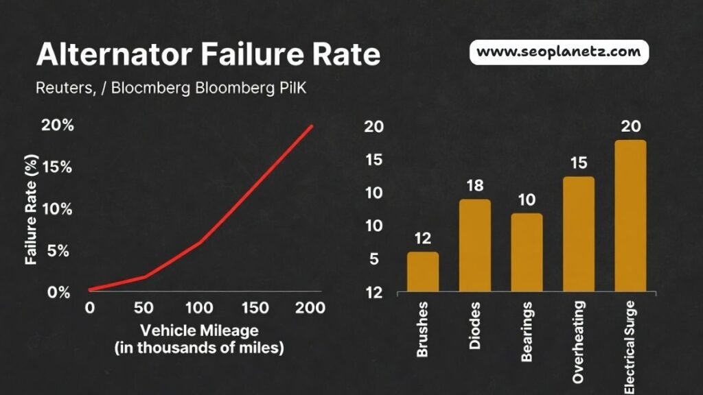 alternator failure rate chart by vehicle mileage and failure cause breakdown