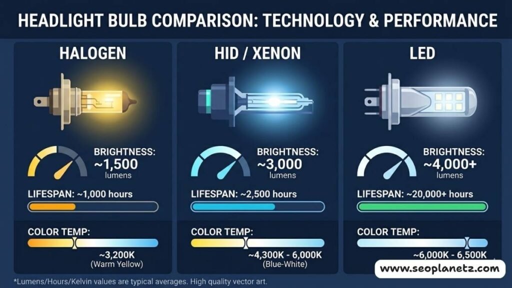 comparison diagram of halogen HID and LED car headlight bulbs