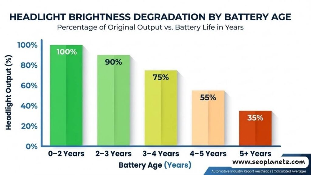 how car headlight brightness decreases as car battery ages from 0 to 5 years