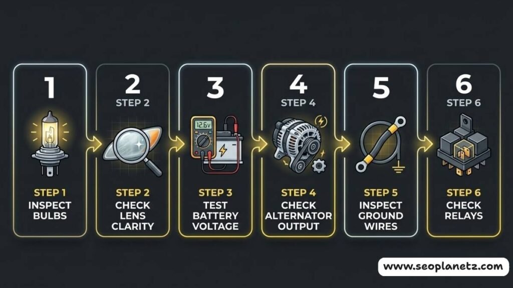how to fix dim car headlights from bulb inspection to relay check