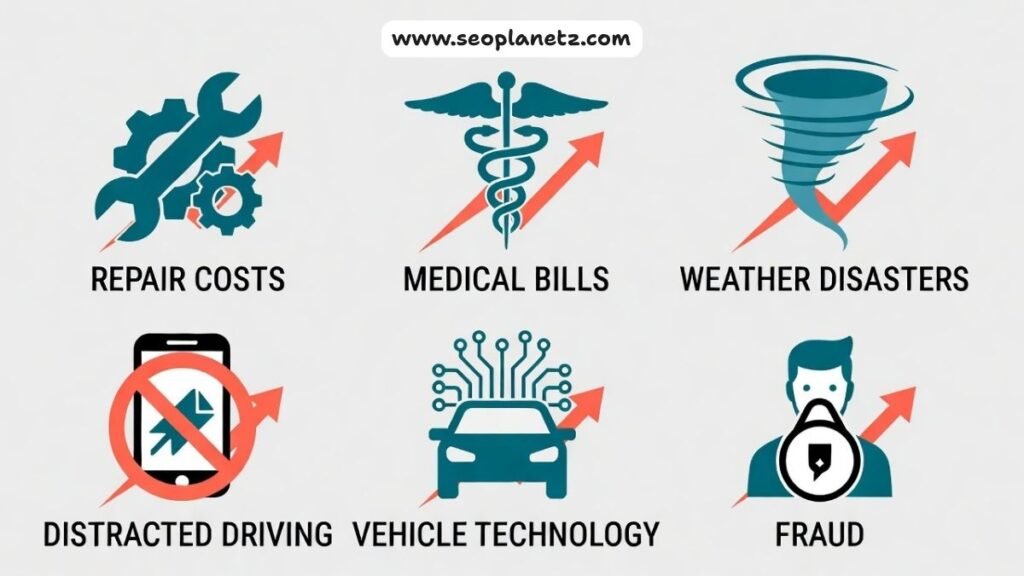main reasons why car insurance keeps going up including repairs, medical costs, and weather