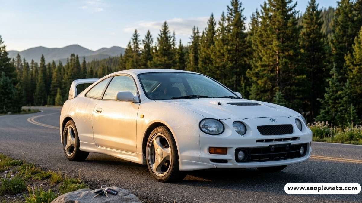1990s Toyota Celica GT-Four ST205 white parked on mountain road in morning daylight