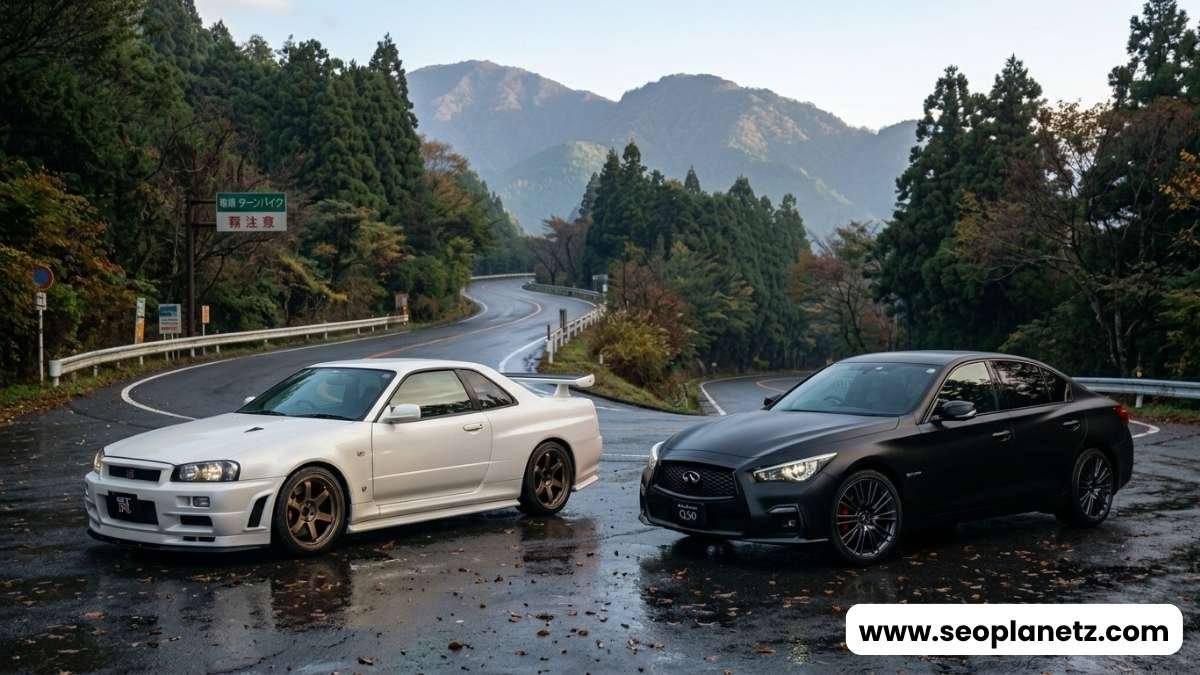 1999 Nissan Skyline R34 GT-R and a 2024 Infiniti Q50 Red Sport in matte black