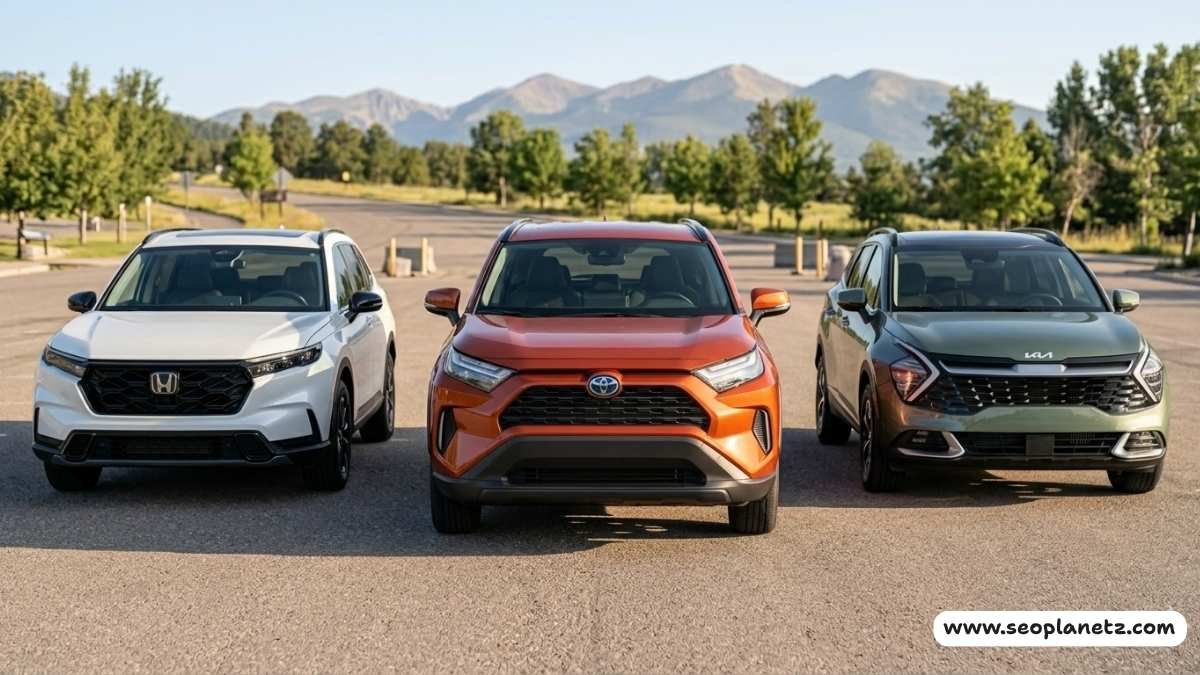 2026 Toyota RAV4 compared with Honda CR-V and Kia Sportage in outdoor lot daylight