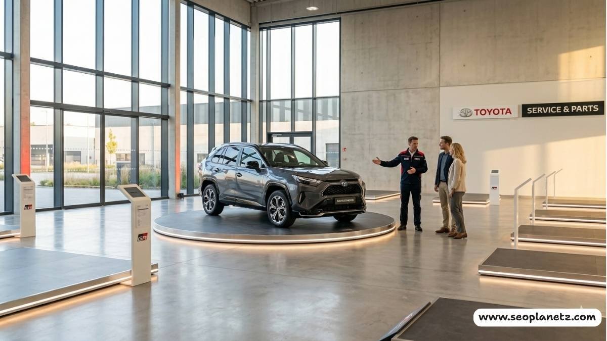 2026 Toyota RAV4 hybrid on display inside dealership showroom with low inventory