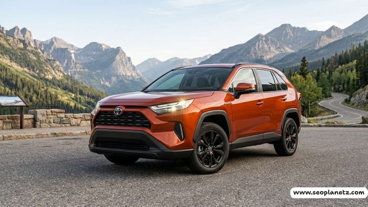 2026 Toyota RAV4 hybrid parked on scenic overlook in bright afternoon daylight