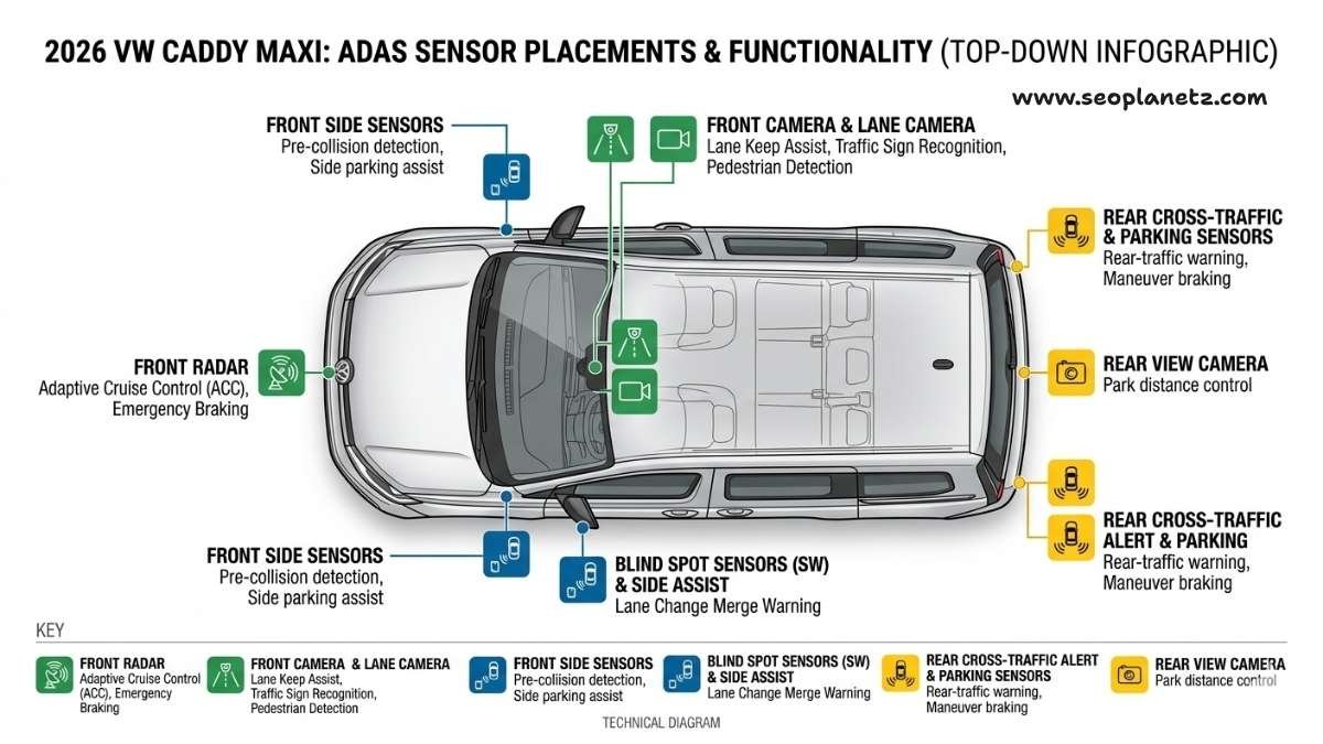 2026 Volkswagen Caddy Maxi ADAS safety sensor placement infographic