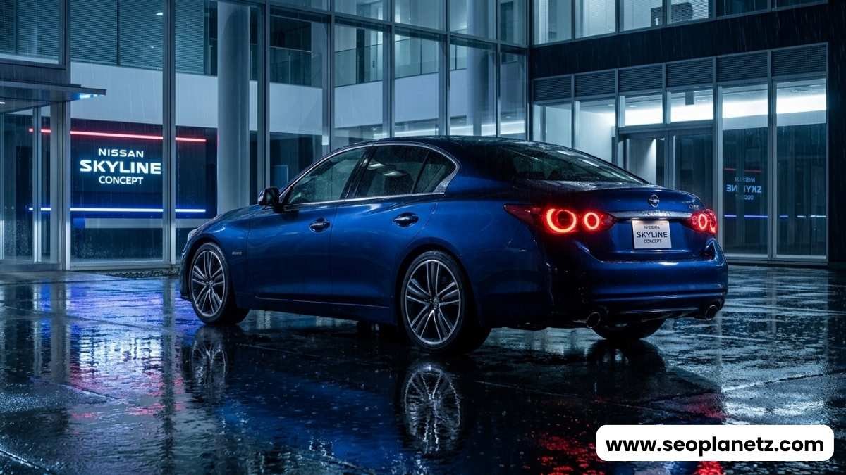 2027 Nissan Skyline sedan concept in deep midnight blue with four round LED