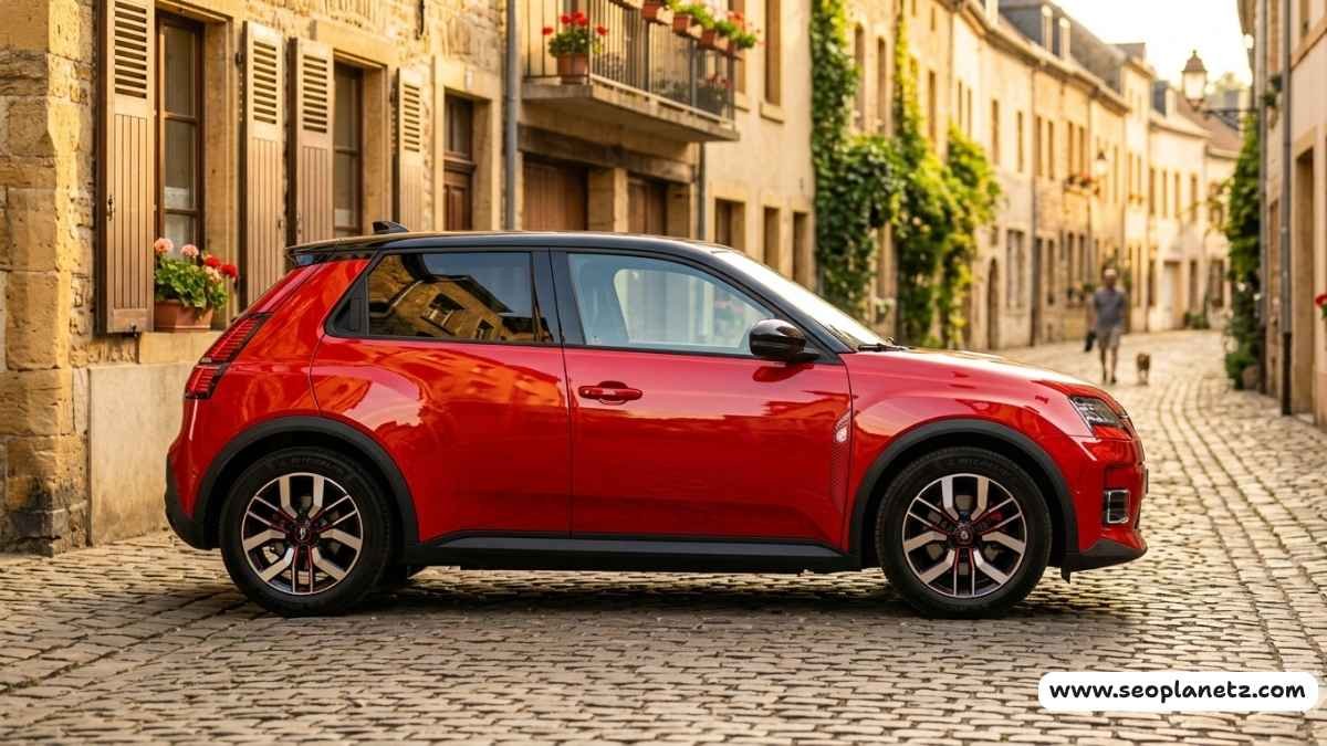 A bright red Renault 5 E-Tech electric hatchback parked on a cobblestone city street