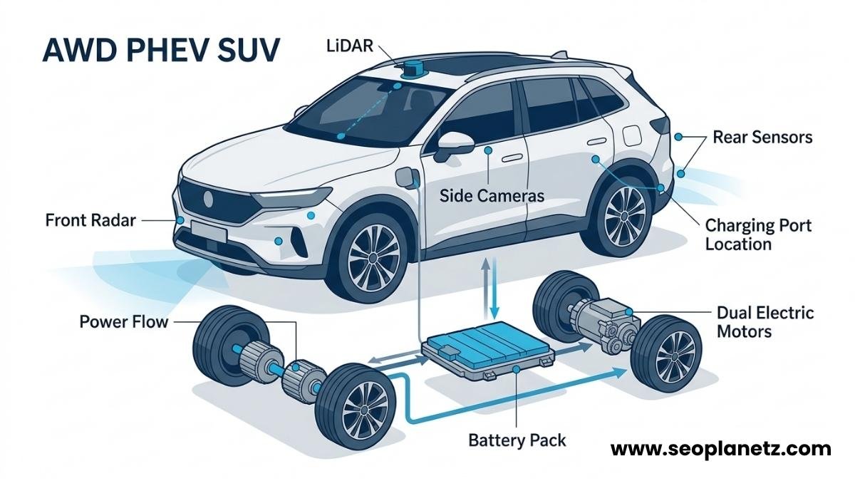 AWD PHEV SUV 2026 safety sensor placement and drivetrain diagram
