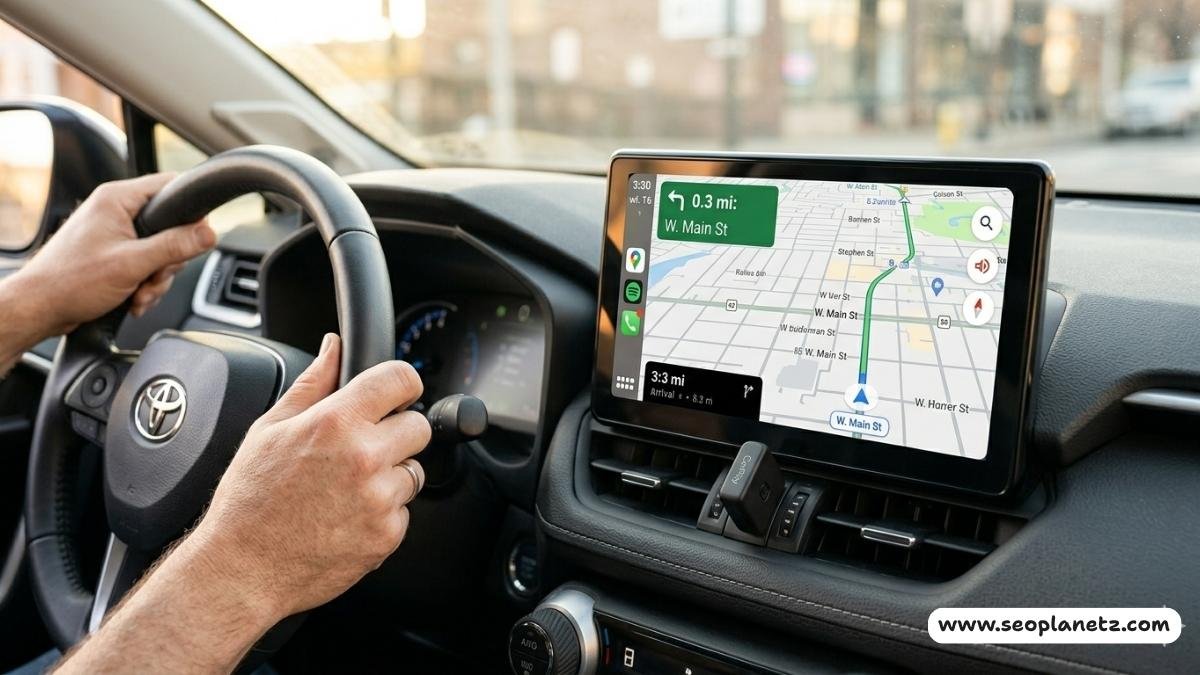 Aftermarket wireless CarPlay Android Auto touchscreen mounted on car dashboard showing Google Maps