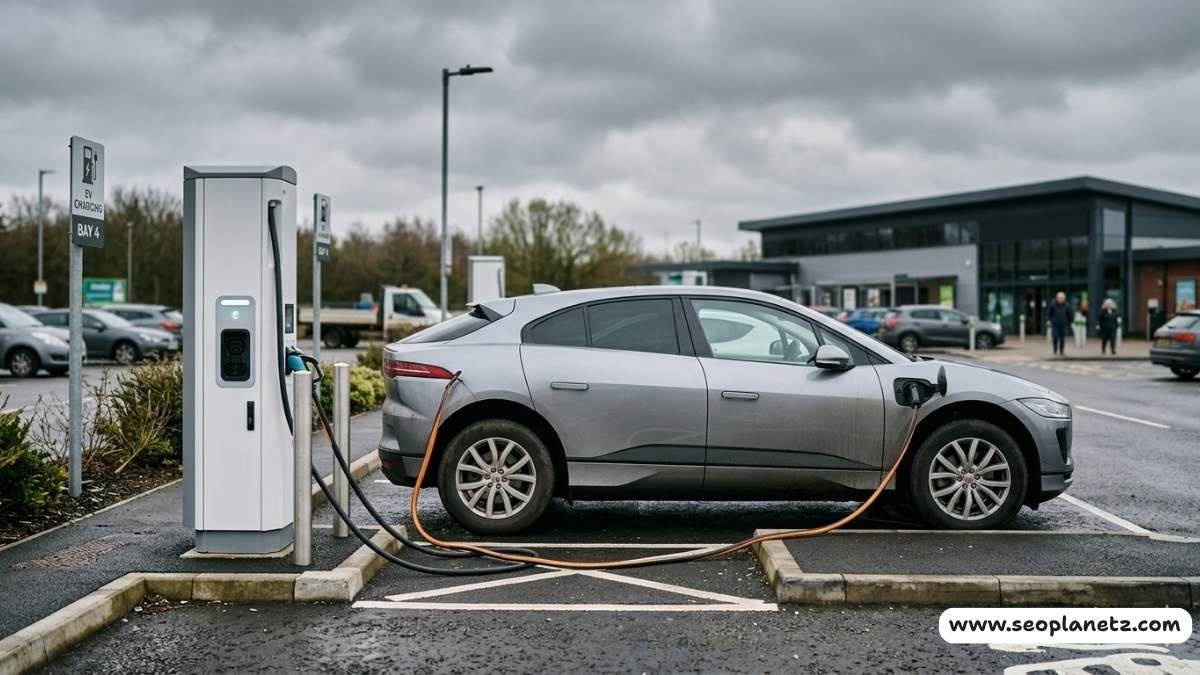 An electric car plugged into a rapid CCS public charging station at a UK motorway service station