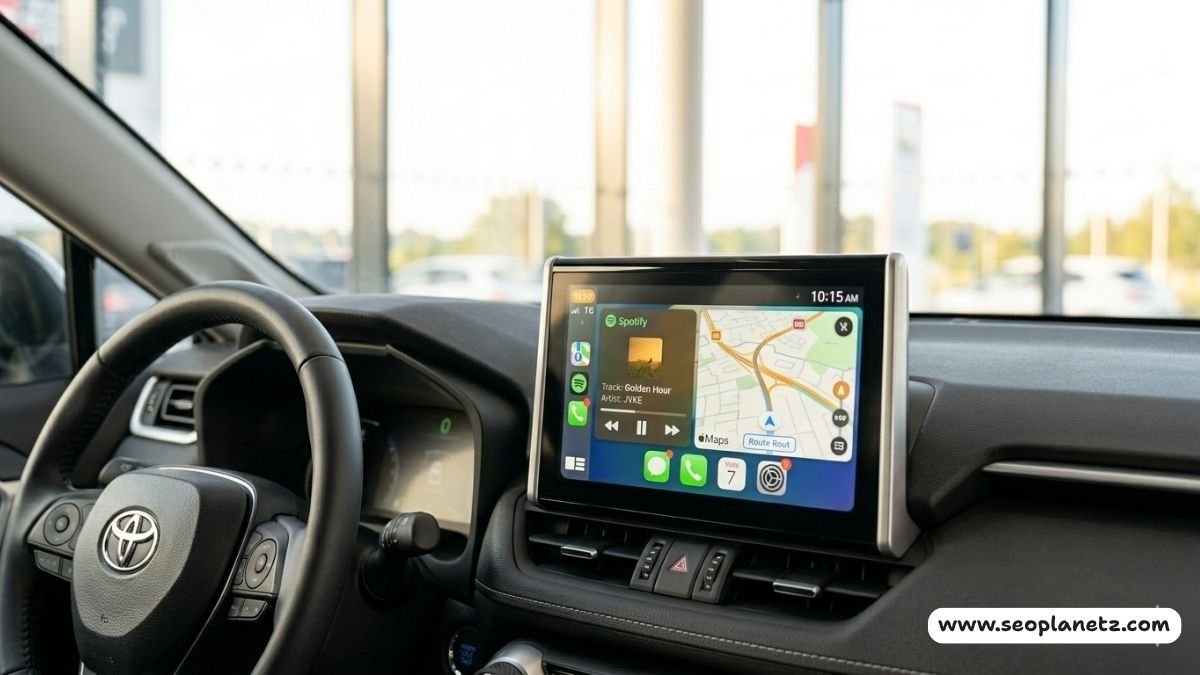 Car dashboard infotainment screen showing wireless CarPlay interface with Maps