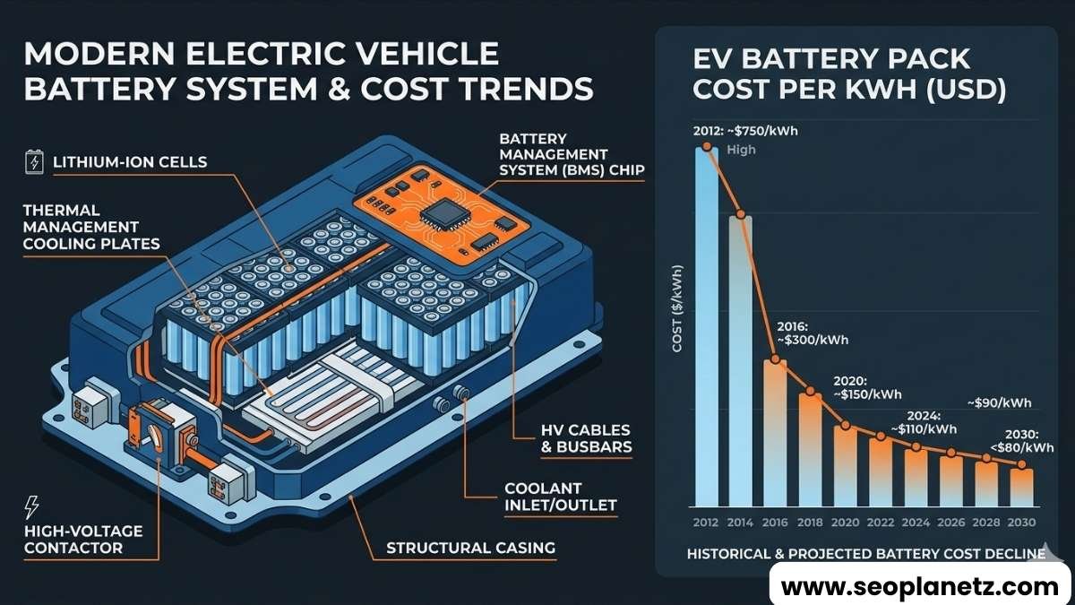 EV battery pack cutaway diagram with cost per kWh chart from 2012 to 2030