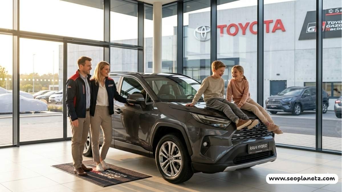 Family standing next to 2026 Toyota RAV4 at Toyota dealership in bright daylight