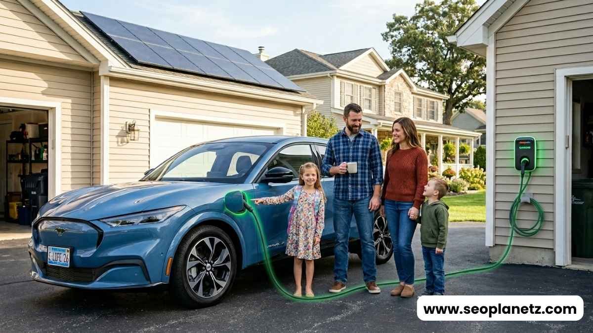 Family with Ford Mustang Mach-E charging at home