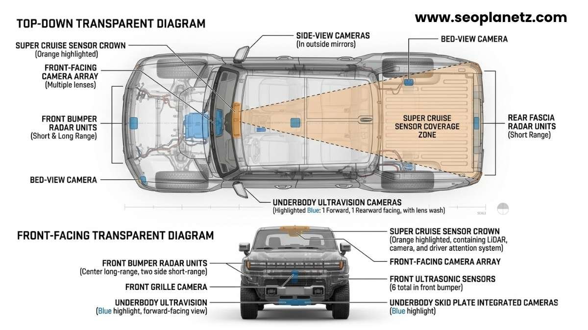 GMC Hummer EV Pickup 2026 ADAS sensor placement diagram